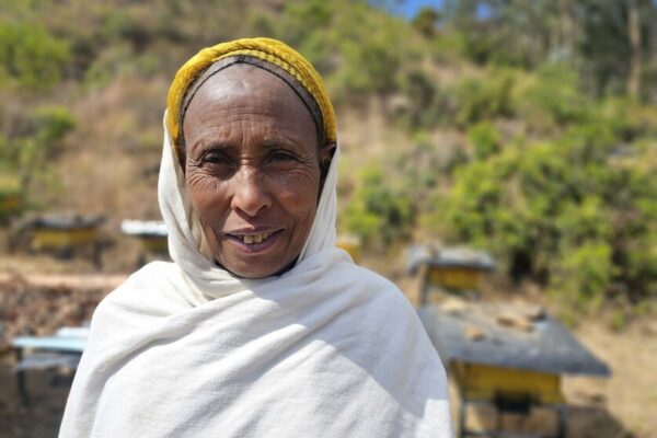 In picture: Tsega, 55

“Living here has become very difficult as we do not have enough food in our village,” says Tsega, 55, while holding on to an empty basket. She lives in a small village of around 1.200 people in the middle of a mountain range in Northern Tigray. “And the situation is only getting worse,” Tsega adds. Overall, according to the World Food Programme, 15.8 million people in Ethiopia need food assistance in 2024 due to the drought, economic situation, and conflict. With Tigray being heavily impacted. “We did not have enough food for the last four years now. We are just trying to survive until the next day, hoping not to starve,” says Tsega.

The 55-year-old is part of a bee cooperative supported by CARE and a partner organization in the SELAM project. The twenty group members come together to take care of bee colonies to produce enough honey to sell on the market and with this generate income for their families. CARE supported the cooperative with 120.000 bees, 40 beehives, and 26kg of wax. “Compared to other farmers in our community, we are very lucky because at least we have the bees,” says Tsega who starts preparing a small fire on the floor. She puts some wood and coals in the middle and one of the group members waves her basket to create more smoke. She then adds more wood to the bee smoker, which is used to calm the bees. The bee cooperative was founded several years ago. “All my hope was with the bees. I do not have land or any other source of income. But with the money we got from selling the honey twice a year, I had a good life. I even bought schoolbooks, pens, shoes, and food for my children,” describes Gebregergis, 51, father of eight who is also a member of the cooperative. Then came the conflict. The beehives burned down, the bees died, and the cooperative collapsed.

“We cannot describe with words the suffering during the conflict. When we heard gunfire we ran away and left everything behind. We hid in caves during the day to survive. We left early in the morning and during the night we came back and tried to find food,” describes Gerbregergis. Many of his and Tsega’s neighbors died. “We are farmers, what do we know of fighting? Up that hill one of our cows was killed by an air strike,” he continues, lowering the ready bee smoker to the ground with a heavy sigh. “We cannot call it life. Six of our neighbors were injured during the conflict. They still cannot walk and will never be able to again,” Tsega adds. Walking is crucial in this area which is located in a steep mountain range and can only be reached by foot and by walking for half an hour downhill through rock formations and wild nature. The villagers walk everywhere. They walk to find food. They walk two hours to the next market to sell their livestock. They walk to find water and grazing areas for their animals. Young and old walk and climb through rocky terrain with children on their backs, a jerrican in one hand and a basket with bread in the other, herding cows in front of them. “If you cannot walk here, you die,” says Tsega and hands Gerbregergis some protective gear: a hat with a face net, some gloves, and sleeves.

“We live in a very bad situation. We are starving because there is not enough food. First, there was the conflict, now we have the drought and no harvest. Even the bees are weak because there are fewer flowers and no water for them to drink. They must go very far to places with irrigation. They often do not have enough strength to come back,” says Gerbregergis, walking over to one of the beehives with his knife.
“During the conflict, we had no hope, but with the new bees and hives hope has returned. The bees or our chance to survive. I have seven children, my oldest is in grade eight. She often goes to school without a pen or breakfast. I hope the bees will change that,” says Tsega.